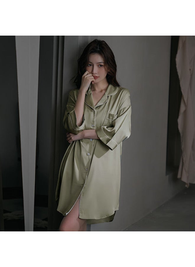 Madallo Modaier Ice Silk High-end Short-sleeve Nightgown For Women, Summer Thin Cardigan Sleepwear, Ladies Loungewear Suitable For Outdoor Wear, Gree - Image 5