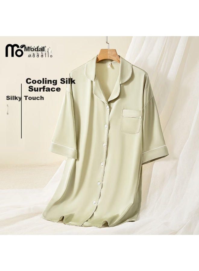 Madallo Modaier Ice Silk High-end Short-sleeve Nightgown For Women, Summer Thin Cardigan Sleepwear, Ladies Loungewear Suitable For Outdoor Wear, Gree - Image 2