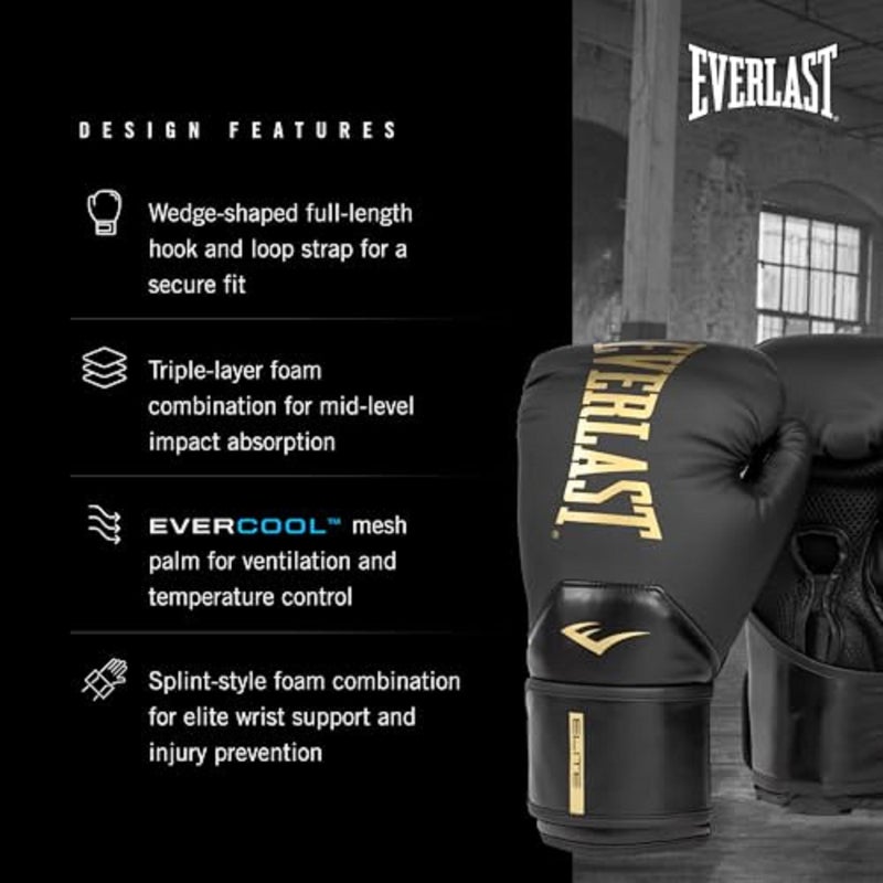 Everlast Elite 2 Boxing Gloves  Pro Training Gloves For Men And Women  Secure Fit Hook And Loop Closure & Ventilation  Heavy Bag & Speedbag Training (14 Oz  Black/Gold) - Image 3