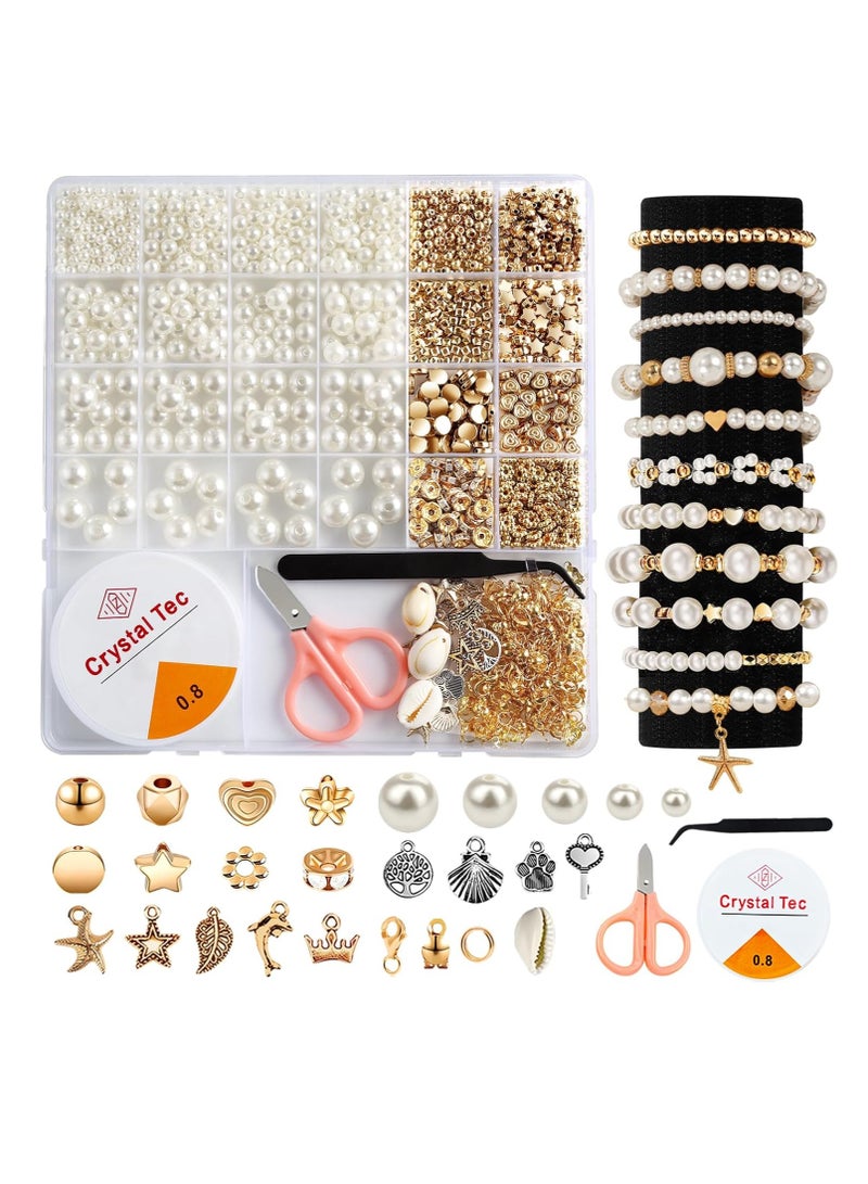 1200 Pcs Pearl Beads and Gold Spacer Beads Set for Jewelry Bracelet Making Kit with String and Charms for Girls Kids Adult DIY Art and Craft for Friendship Bracelet Necklace - Image 1