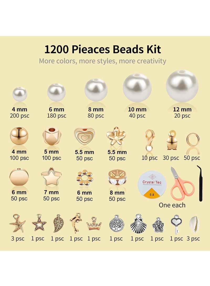 1200 Pcs Pearl Beads and Gold Spacer Beads Set for Jewelry Bracelet Making Kit with String and Charms for Girls Kids Adult DIY Art and Craft for Friendship Bracelet Necklace - Image 3