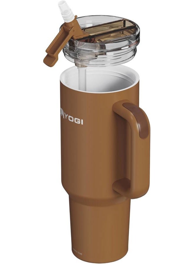 YOGI Ceramic Lined Metal Allergy Safe 40oz Tumbler with Handle and Straw Leakproof Flip & Sip Lid Vacuum Insulated Stainless Steel Travel Cup for Iced Coffee Water and All-Day Hydration 40oz Amber - Image 1