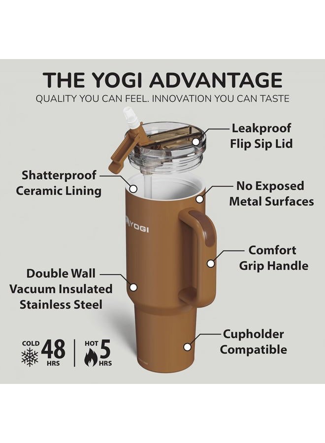 YOGI Ceramic Lined Metal Allergy Safe 40oz Tumbler with Handle and Straw Leakproof Flip & Sip Lid Vacuum Insulated Stainless Steel Travel Cup for Iced Coffee Water and All-Day Hydration 40oz Amber - Image 3