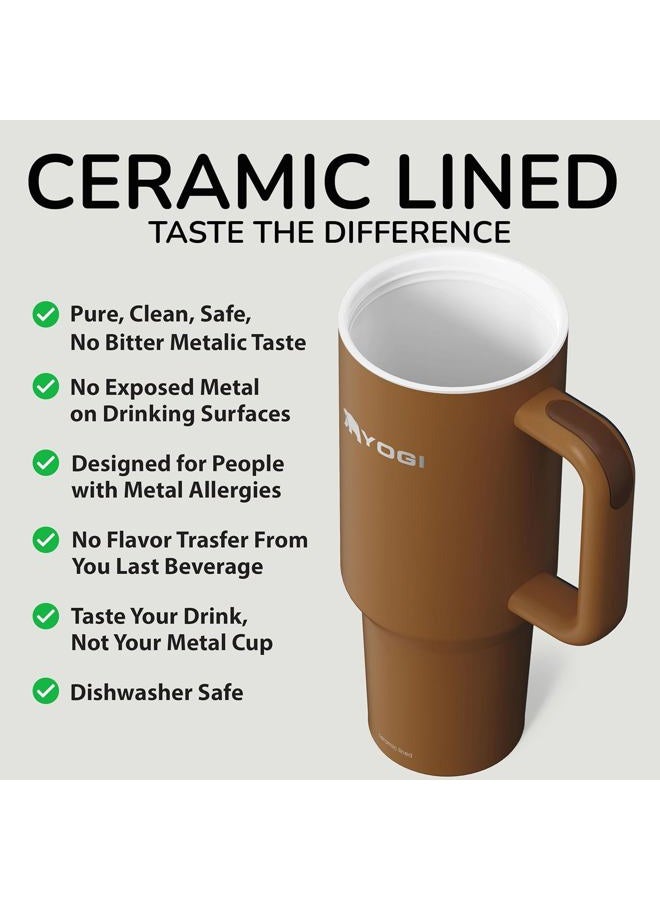 YOGI Ceramic Lined Metal Allergy Safe 40oz Tumbler with Handle and Straw Leakproof Flip & Sip Lid Vacuum Insulated Stainless Steel Travel Cup for Iced Coffee Water and All-Day Hydration 40oz Amber - Image 4