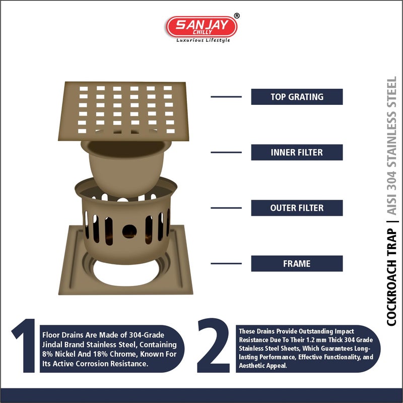 Sanjay Chilly Square Zoom Floor Drainer for Bathroom with Cockroach Trap 304 Grade Floor Drain Cover Jali Sink Safety from Cockroach & Insects Anti Odor Drain Strainers (6x6 Inch Brushed Bronze) - Image 4
