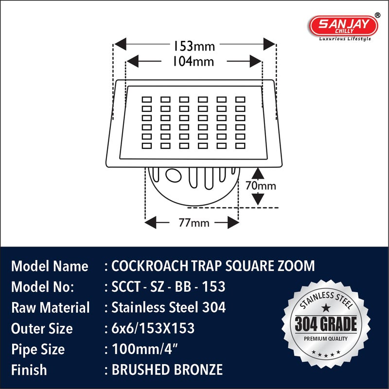 Sanjay Chilly Square Zoom Floor Drainer for Bathroom with Cockroach Trap 304 Grade Floor Drain Cover Jali Sink Safety from Cockroach & Insects Anti Odor Drain Strainers (6x6 Inch Brushed Bronze) - Image 3