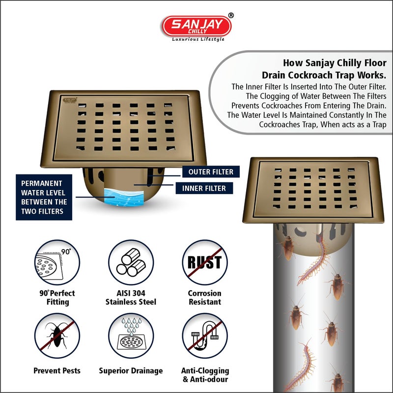 Sanjay Chilly Square Zoom Floor Drainer for Bathroom with Cockroach Trap 304 Grade Floor Drain Cover Jali Sink Safety from Cockroach & Insects Anti Odor Drain Strainers (6x6 Inch Brushed Bronze) - Image 5