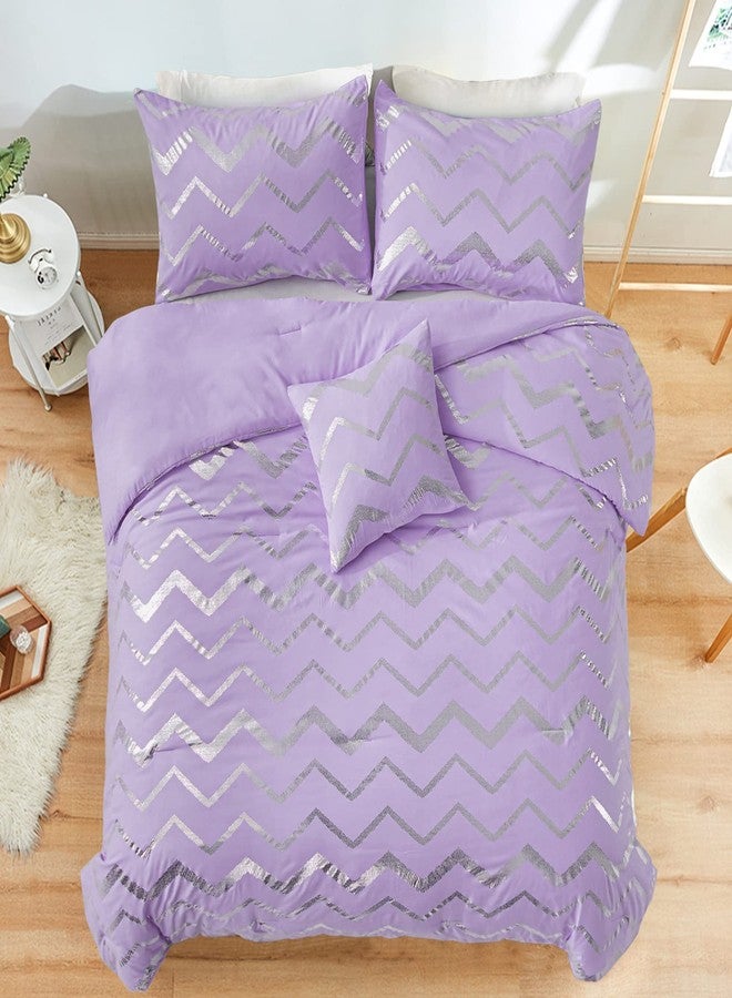 Menghomeus Purple/Silver Comforter Set Twin Lavender Metallic Print Glitter Bed Comforter Cute Shinny Bedding for Teen Girls Kids Women, 3 Piece (1 Pillowcase, 1 Decorative Pillow Sham) - Image 3