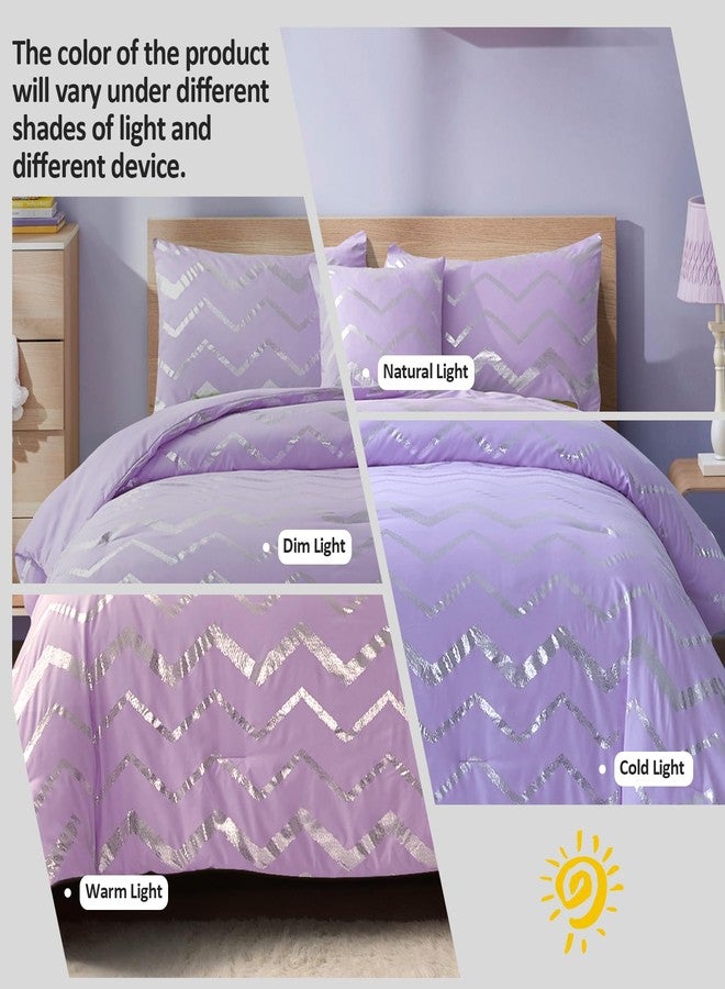 Menghomeus Purple/Silver Comforter Set Twin Lavender Metallic Print Glitter Bed Comforter Cute Shinny Bedding for Teen Girls Kids Women, 3 Piece (1 Pillowcase, 1 Decorative Pillow Sham) - Image 2