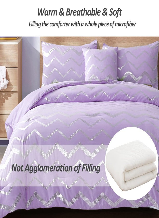 Menghomeus Purple/Silver Comforter Set Twin Lavender Metallic Print Glitter Bed Comforter Cute Shinny Bedding for Teen Girls Kids Women, 3 Piece (1 Pillowcase, 1 Decorative Pillow Sham) - Image 4