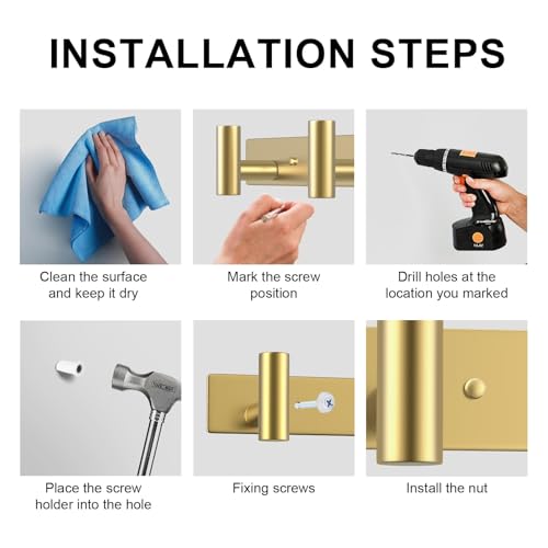 VAEHOLD Hat and Coat Wall Mount Rack - Hooks for Robes, Bags, Keys, and Towels - Bathroom Towel Hanger Organizer (Gold, “T“ Shape 5 Hooks 1 Pack) - Image 5