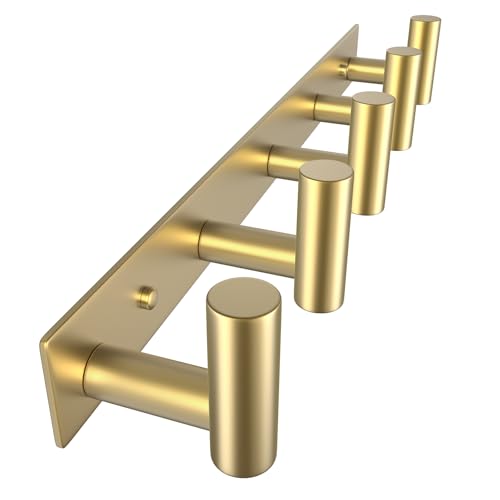 VAEHOLD Hat and Coat Wall Mount Rack - Hooks for Robes, Bags, Keys, and Towels - Bathroom Towel Hanger Organizer (Gold, “T“ Shape 5 Hooks 1 Pack) - Image 1