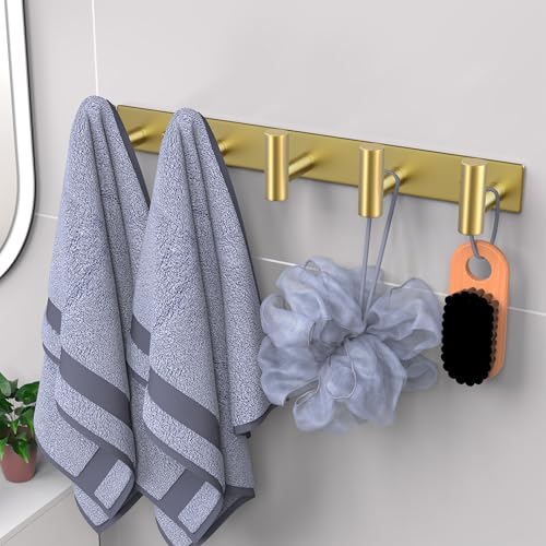 VAEHOLD Hat and Coat Wall Mount Rack - Hooks for Robes, Bags, Keys, and Towels - Bathroom Towel Hanger Organizer (Gold, “T“ Shape 5 Hooks 1 Pack) - Image 2
