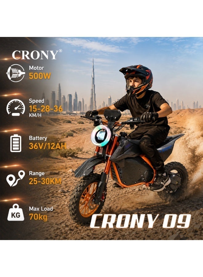 CRONY‑09 Kids Off‑Road Electric Dirt Bike｜500W Motor, 28KM/H Top Speed, 30‑40KM Range, Lightweight Aluminum Frame, Dual Disc Brakes, LED Headlight, Bluetooth Speaker, LED Display for Outdoor Off‑Road Play Carbon fiber Black - Image 4