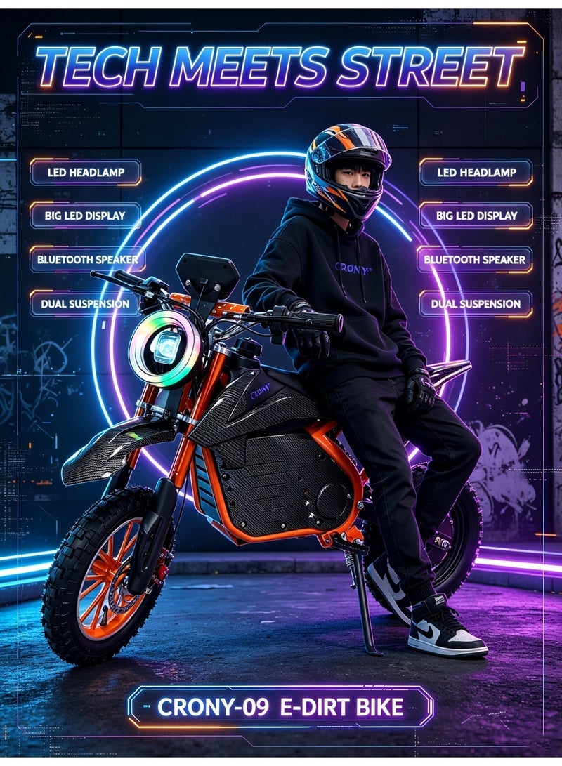 CRONY‑09 Kids Off‑Road Electric Dirt Bike｜500W Motor, 28KM/H Top Speed, 30‑40KM Range, Lightweight Aluminum Frame, Dual Disc Brakes, LED Headlight, Bluetooth Speaker, LED Display for Outdoor Off‑Road Play Carbon fiber Black - Image 2
