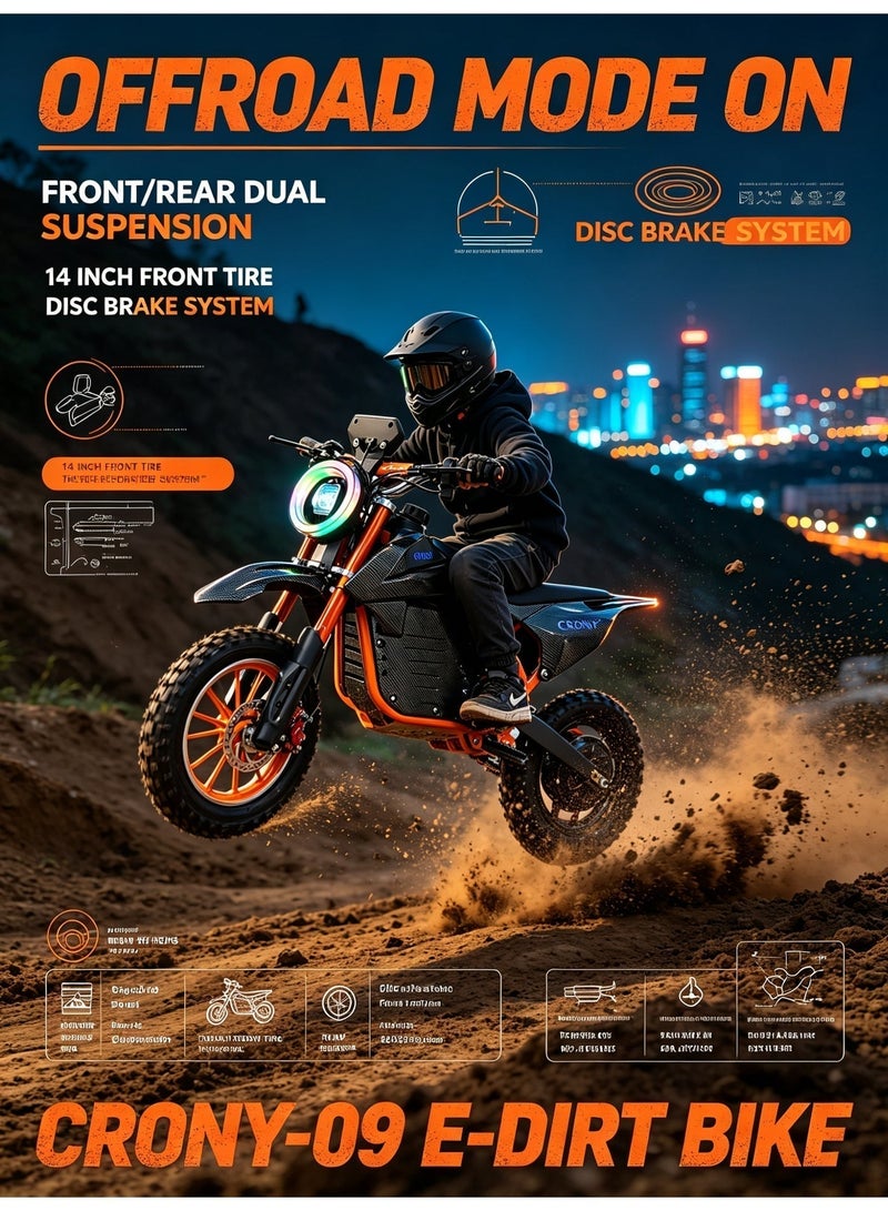 CRONY‑09 Kids Off‑Road Electric Dirt Bike｜500W Motor, 28KM/H Top Speed, 30‑40KM Range, Lightweight Aluminum Frame, Dual Disc Brakes, LED Headlight, Bluetooth Speaker, LED Display for Outdoor Off‑Road Play Carbon fiber Black - Image 3