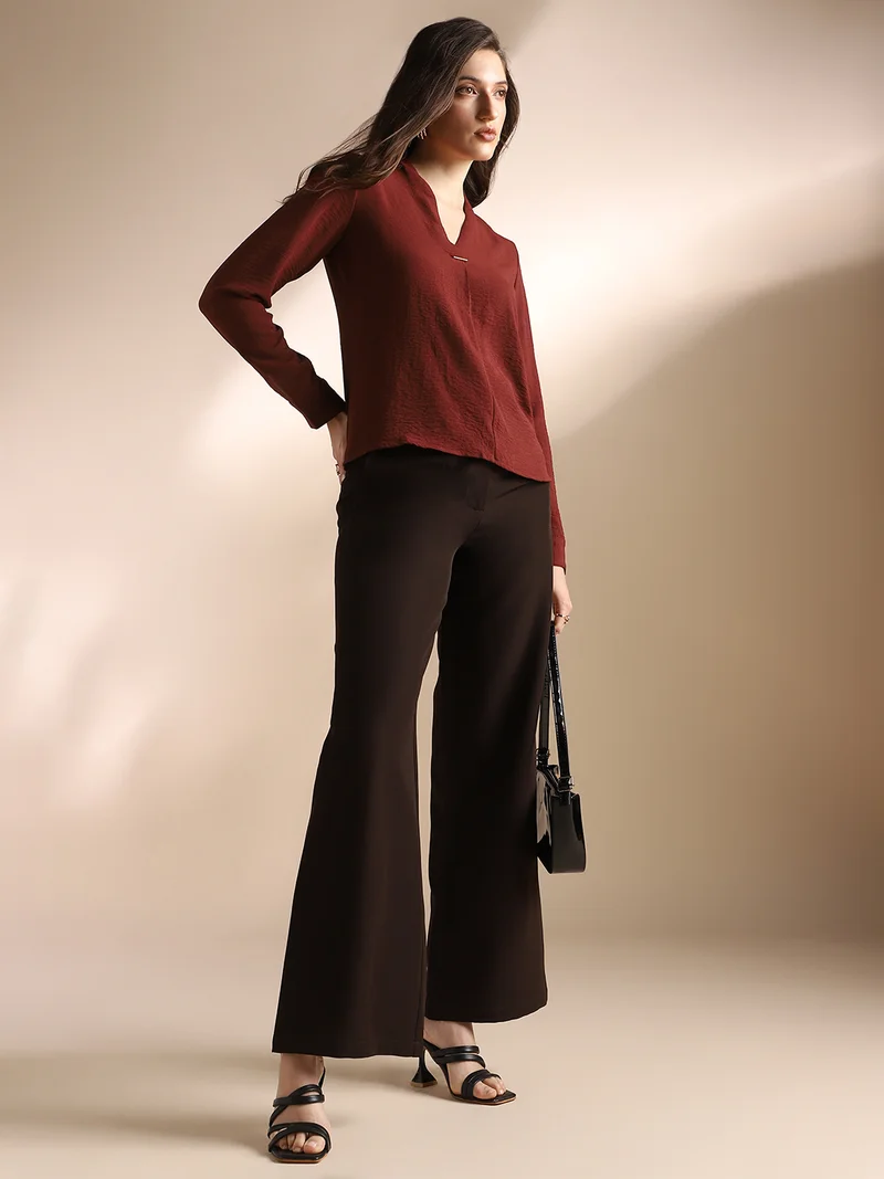 globus  Globus Women Burgundy V-Neck Cuffed Sleeves Self Design Workwear Top for Women | Best Price UAE