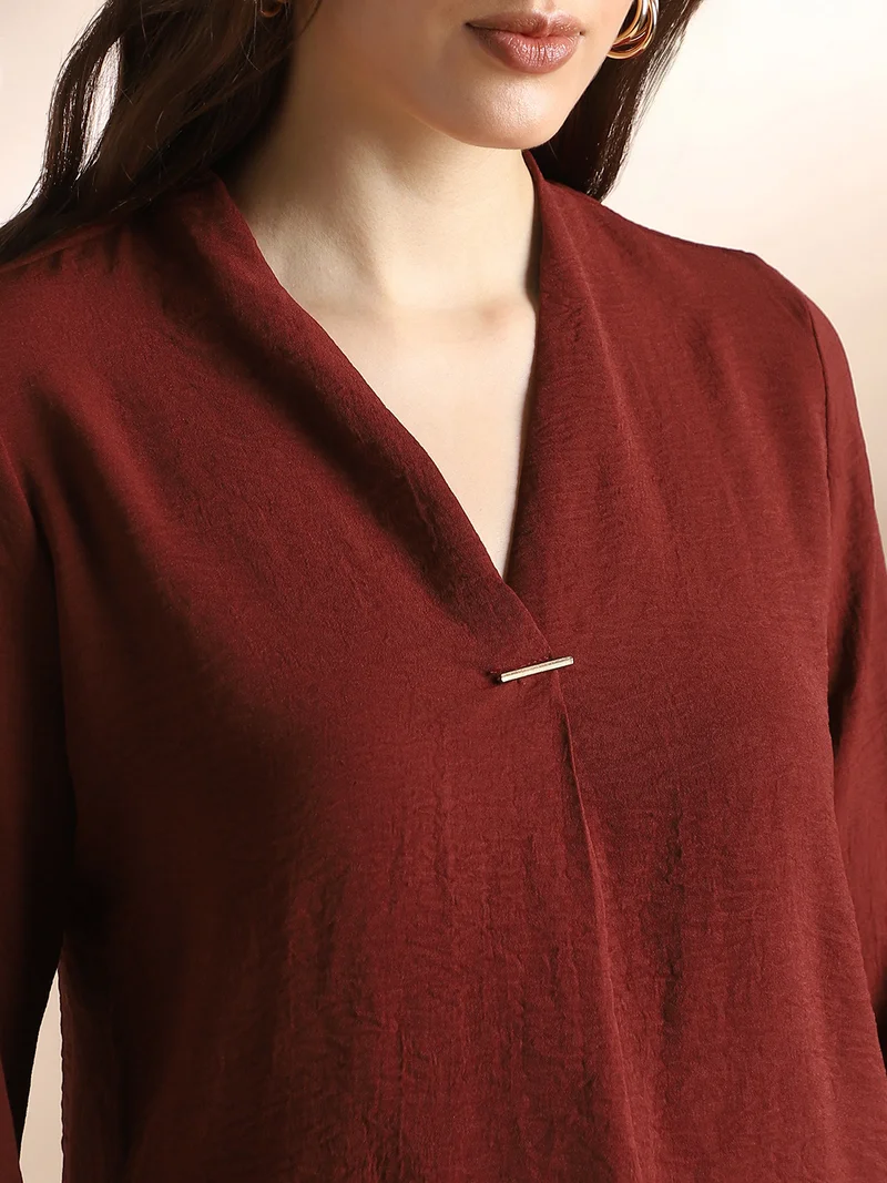 globus  Globus Women Burgundy V-Neck Cuffed Sleeves Self Design Workwear Top for Women | Best Price UAE