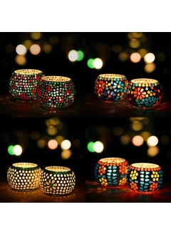 Webelkart WebelKart Set of 4 Mosaic Glass Tealight Votive Candle Holder with Tea Light Candles for Indoor Outdoor Decoration- Christmas Decoration Items-Christmas Candle holder (Multicolor, Glass) Mix Designs  - Image 1