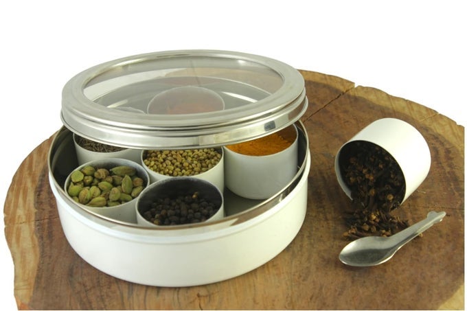 STAINLESS STEEL MASALA CONTAINER FOR KITCHEN STORAGE SPICE ORGANIZER BOXDABBA WITH 7 CONTAINER AND SMALL SPOON WHITE