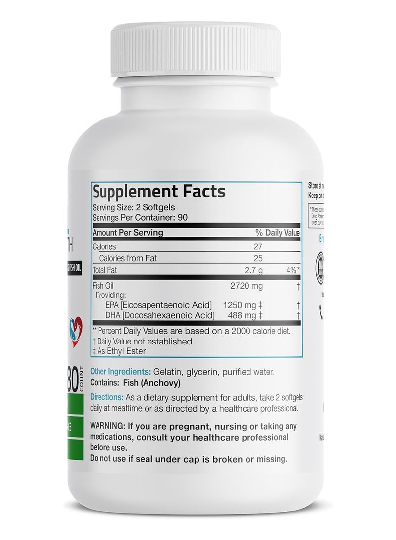 برونسون أوميغا 3 زيت السمك قوة ثلاثية 2720 مجم نونجمو من المعادن الثقيلة التي تم اختبارها 1250 Epa 488 Dha 180 كبسولة هلامية - Image 2