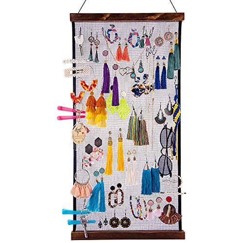 FEQO Earring Organizer Hanging Mesh Earrings Holder Wall Mounted Earring Hanging Jewelry Display Organizer with 20 Pieces S Shape Black Hooks (24 x 12 inch) - Image 1