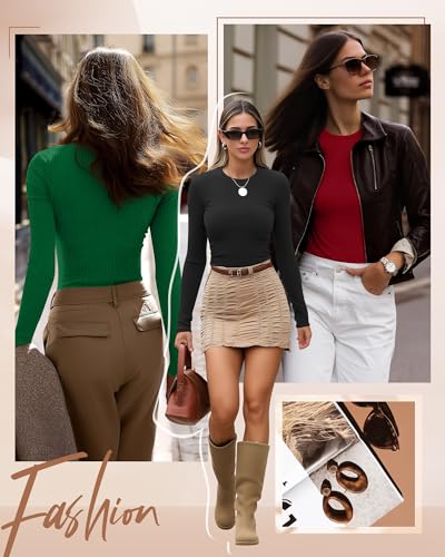 Ficerd 3 Pack Womens Ribbed Long Sleeve Tops Crew Neck Slim Fit Undershirts Knit Basic Casual Stretch Layering Tee Shirts Christmas Green Red BlackSmall - Image 3