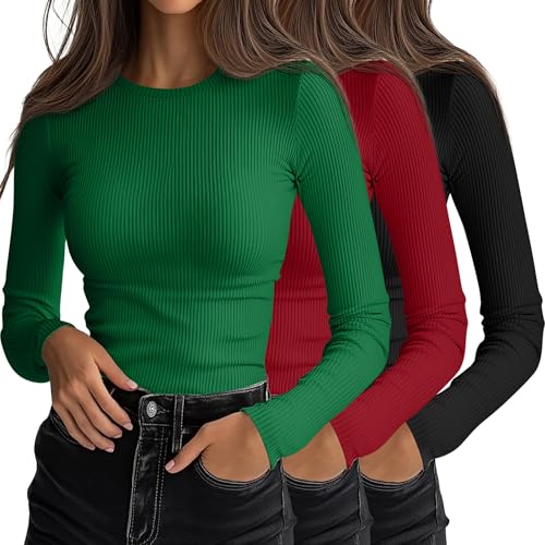 Ficerd 3 Pack Womens Ribbed Long Sleeve Tops Crew Neck Slim Fit Undershirts Knit Basic Casual Stretch Layering Tee Shirts Christmas Green Red BlackSmall - Image 1