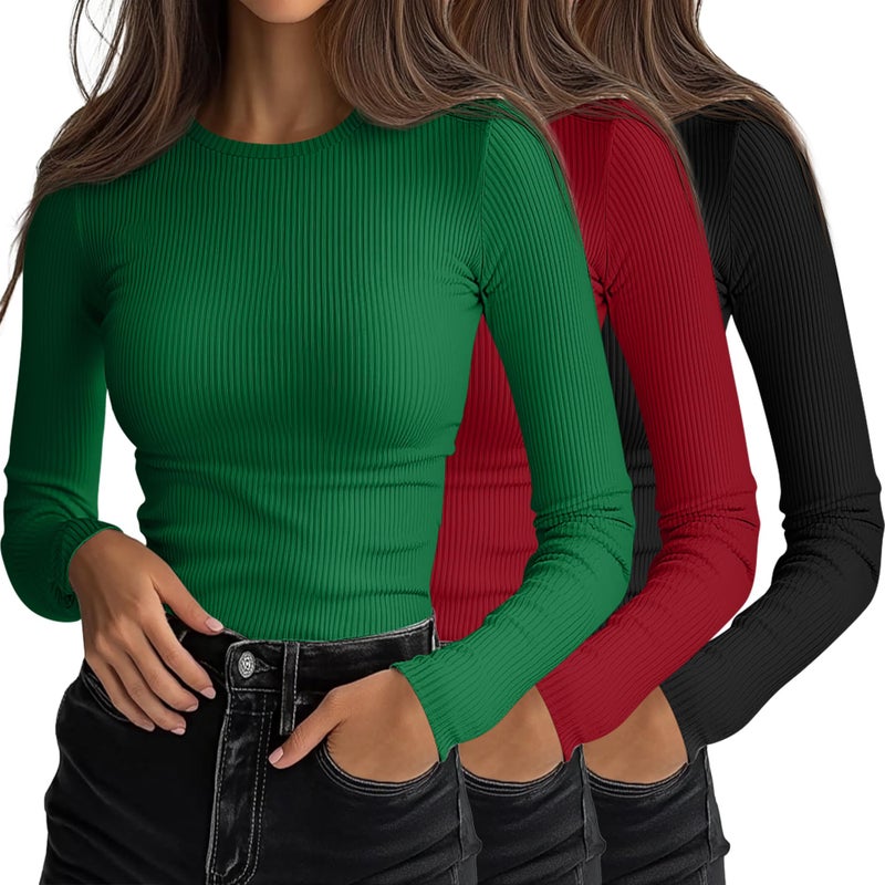 Ficerd 3 Pack Womens Ribbed Long Sleeve Tops Crew Neck Slim Fit Undershirts Knit Basic Casual Stretch Layering Tee Shirts Christmas Green Red BlackSmall - Image 2