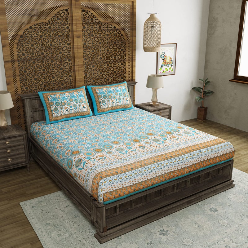 BLOCKS OF INDIA Cotton Elasticated Fitted Bedsheet King Size (72'' x 78") (Blue Ikat) - Image 1
