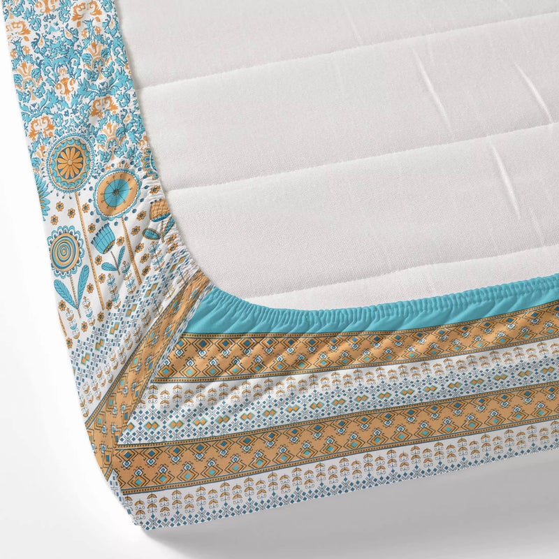 BLOCKS OF INDIA Cotton Elasticated Fitted Bedsheet King Size (72'' x 78") (Blue Ikat) - Image 2