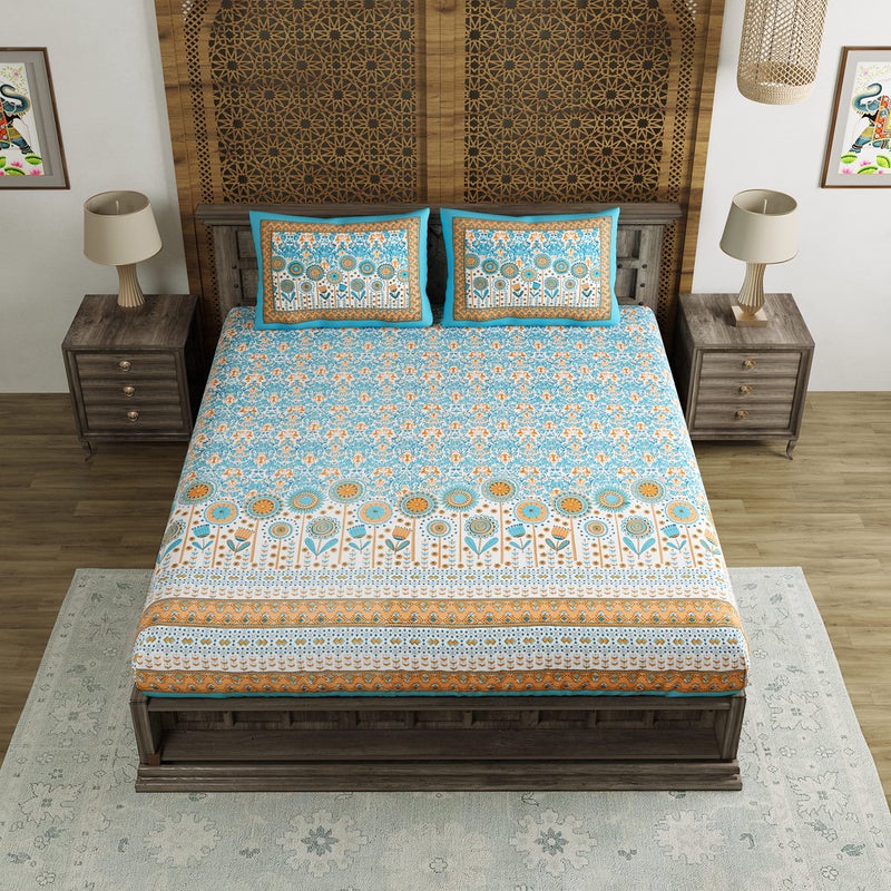 BLOCKS OF INDIA Cotton Elasticated Fitted Bedsheet King Size (72'' x 78") (Blue Ikat) - Image 5