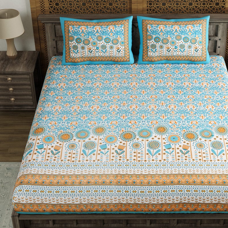 BLOCKS OF INDIA Cotton Elasticated Fitted Bedsheet King Size (72'' x 78") (Blue Ikat) - Image 4