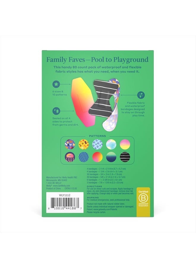 Welly عبوة عائلية من الضمادات | ضمادات لاصقة مرنة من القماش ومقاومة للماء | أشكال وأنماط متنوعة للجروح والخدوش الصغيرة - 80 قطعة - Image 3