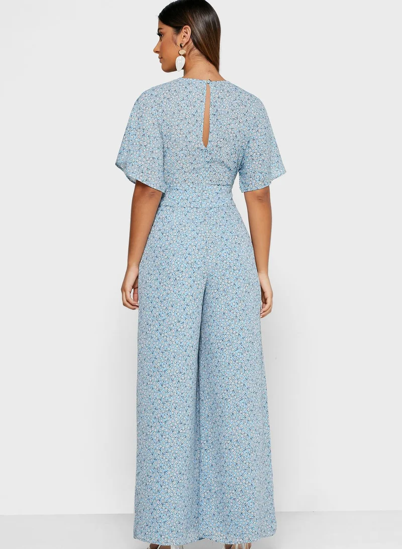 Finders Keepers Blossom Tie Waist Angel Sleeve Plunge Jumpsuit