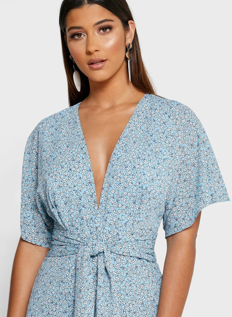 Finders Keepers Blossom Tie Waist Angel Sleeve Plunge Jumpsuit