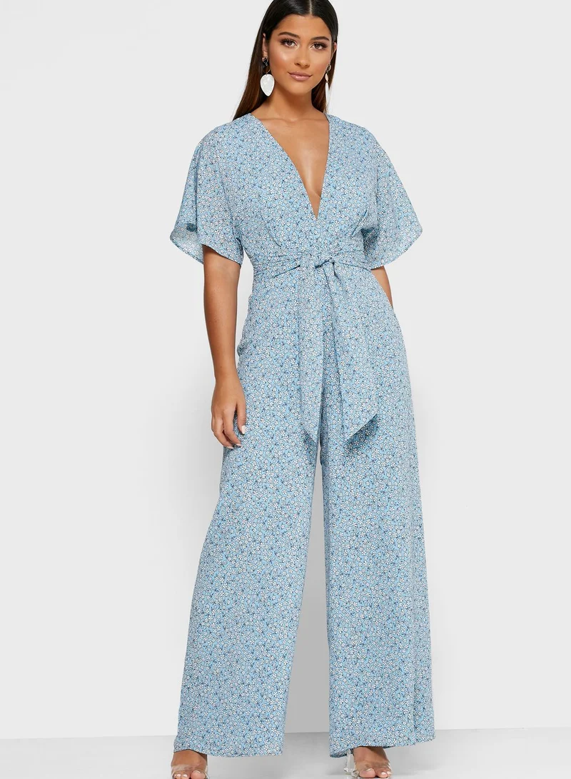 Finders Keepers Blossom Tie Waist Angel Sleeve Plunge Jumpsuit