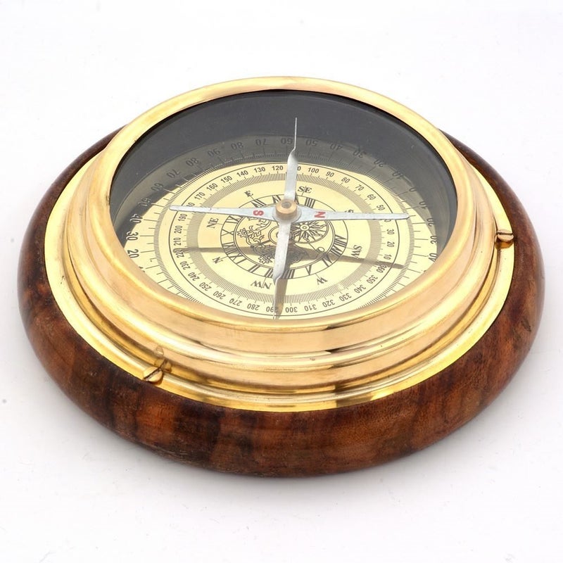 Little India Wood and Brass Real Nautical Compass Handicraft 215 Silver - Image 1