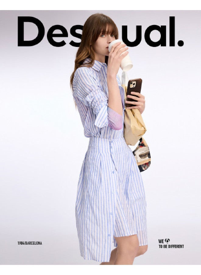 DESIGUAL ss25 New Arrival Pure Cotton Embroidered Striped Shirt Dress With Patch Pockets - Image 1