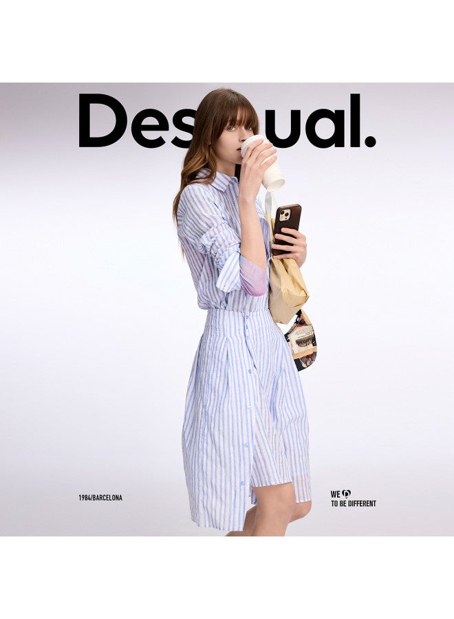 DESIGUAL ss25 New Arrival Pure Cotton Embroidered Striped Shirt Dress With Patch Pockets - Image 2
