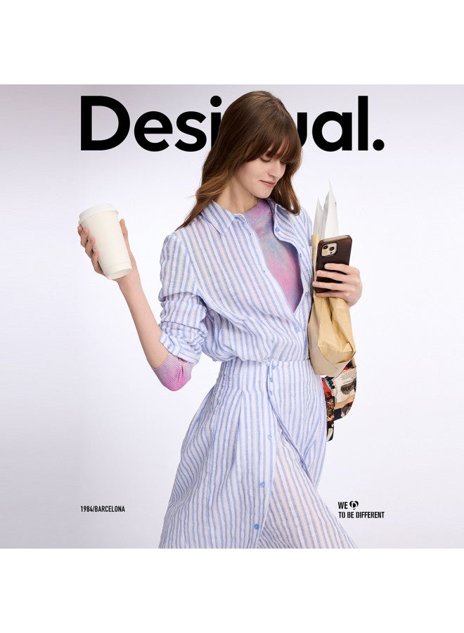 DESIGUAL ss25 New Arrival Pure Cotton Embroidered Striped Shirt Dress With Patch Pockets - Image 4