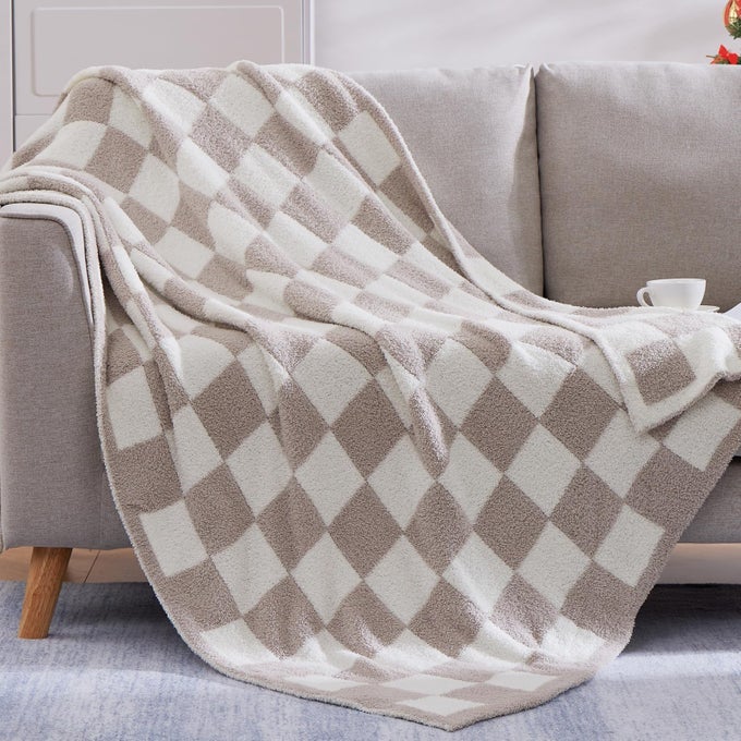 CHECKERED THROW BLANKET TAUPE SOFT COZY FLUFFY WARM HAND MADE THROW BLANKETS FOR COUCH SOFA CHAIR BED CAMPING PICNIC TRAVEL LIGHTWEIGHT BED BLANKET 6080