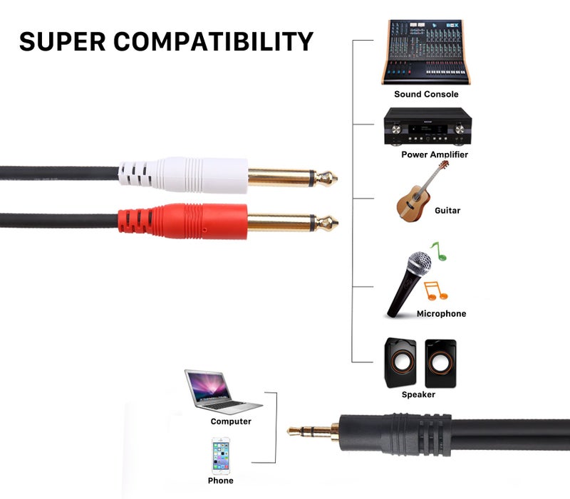 Devinal 1/8 inch Male Stereo to Dual 1/4 Mono Male Audio Cable, 3.5mm TRS to Dual 6.35mm TS Y Splitter Breakout Cord, Gold Plated Heavy Duty Durable 10 FT (3 Meters) - Image 2