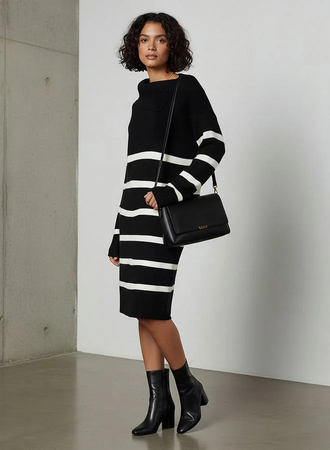 Splash FAV Striped Sweater Dress with Asymmetric Neck