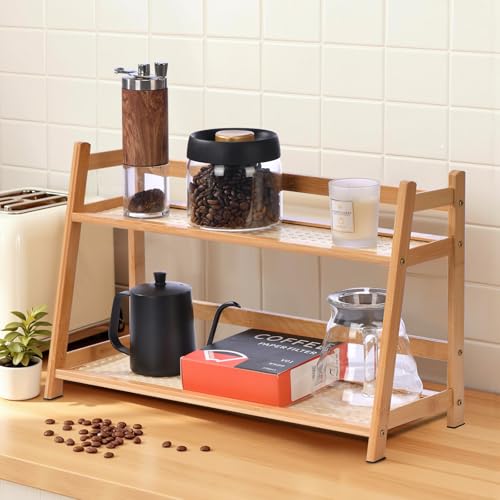 ANABIUP 2 Tier Matcha Station Wicker-Look Coffee Station Organizer, Kitchen Counter Shelf for Tea & Coffee Bar, Mug Holder Countertop, Condiment Storage Rack(17Inch) - Image 1