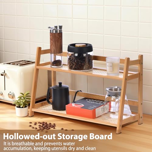 ANABIUP 2 Tier Matcha Station Wicker-Look Coffee Station Organizer, Kitchen Counter Shelf for Tea & Coffee Bar, Mug Holder Countertop, Condiment Storage Rack(17Inch) - Image 5