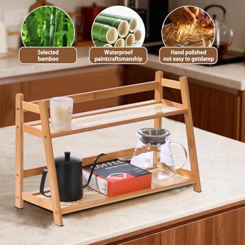 ANABIUP 2 Tier Matcha Station Wicker-Look Coffee Station Organizer, Kitchen Counter Shelf for Tea & Coffee Bar, Mug Holder Countertop, Condiment Storage Rack(17Inch) - Image 4