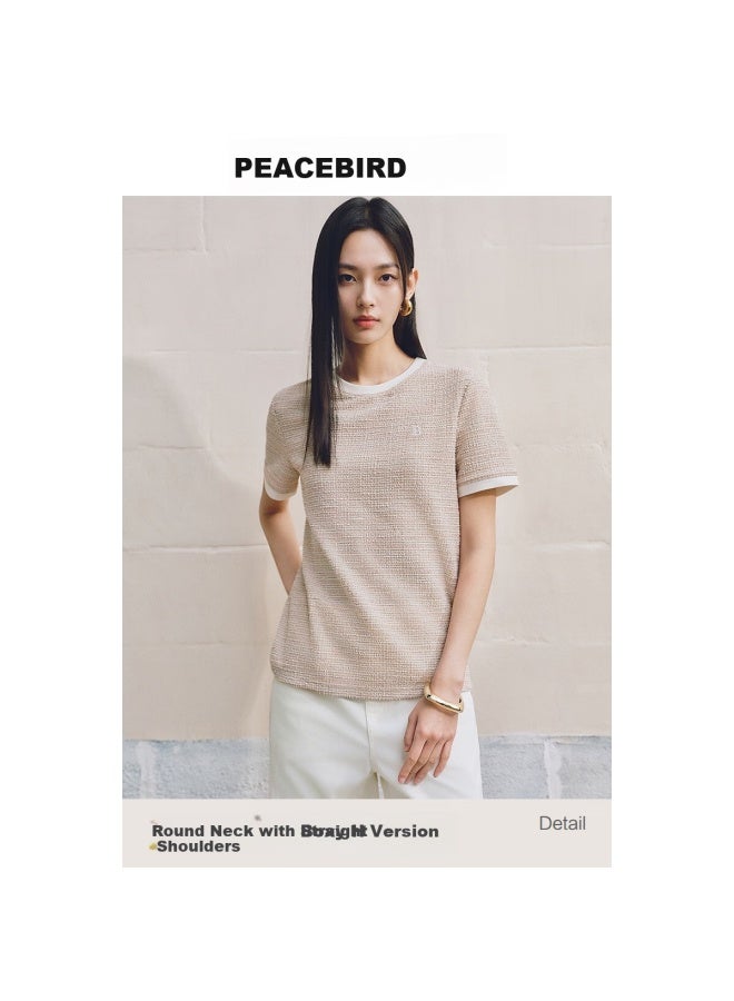 Waxbird Peacebird Women's Chanel-style T-shirt, Short-sleeved, Straight-leg, Loose-fit, Round Neck, Contrasting Color Knit Top, Pink Plaid, L - Image 4