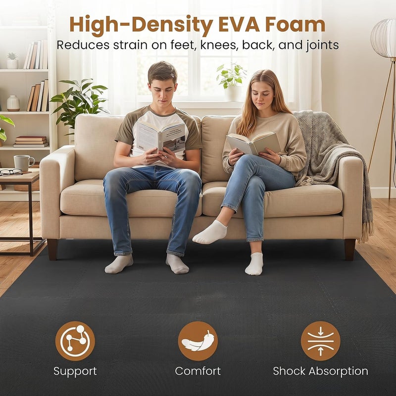 Giantex 18 PCS Interlocking Exercise Mat, 18 Sq.Ft EVA Foam Floor Tiles with Borders, 0.4" Thick Non-Slip Puzzle Workout Mats, Protective Gym Flooring for Home Gym, Garage, Basement, Black - Image 3