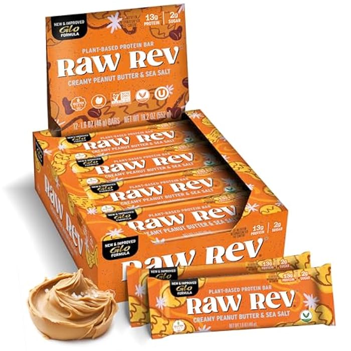 Raw Rev Glo ألواح بروتين نباتية خام ريف - زبدة الفول السوداني الكريمية وملح البحر، 12 لوح، غير معدلة وراثيًا، محايدة بلاستيكيًا، لا شيء صناعي، صيغة جلو، خالية من الجلوتين، مناسبة للكيتو، باليو، كوشير، خالية من الصويا، لا تحتوي على كحول السكر، لا ستيفيا. - Image 1